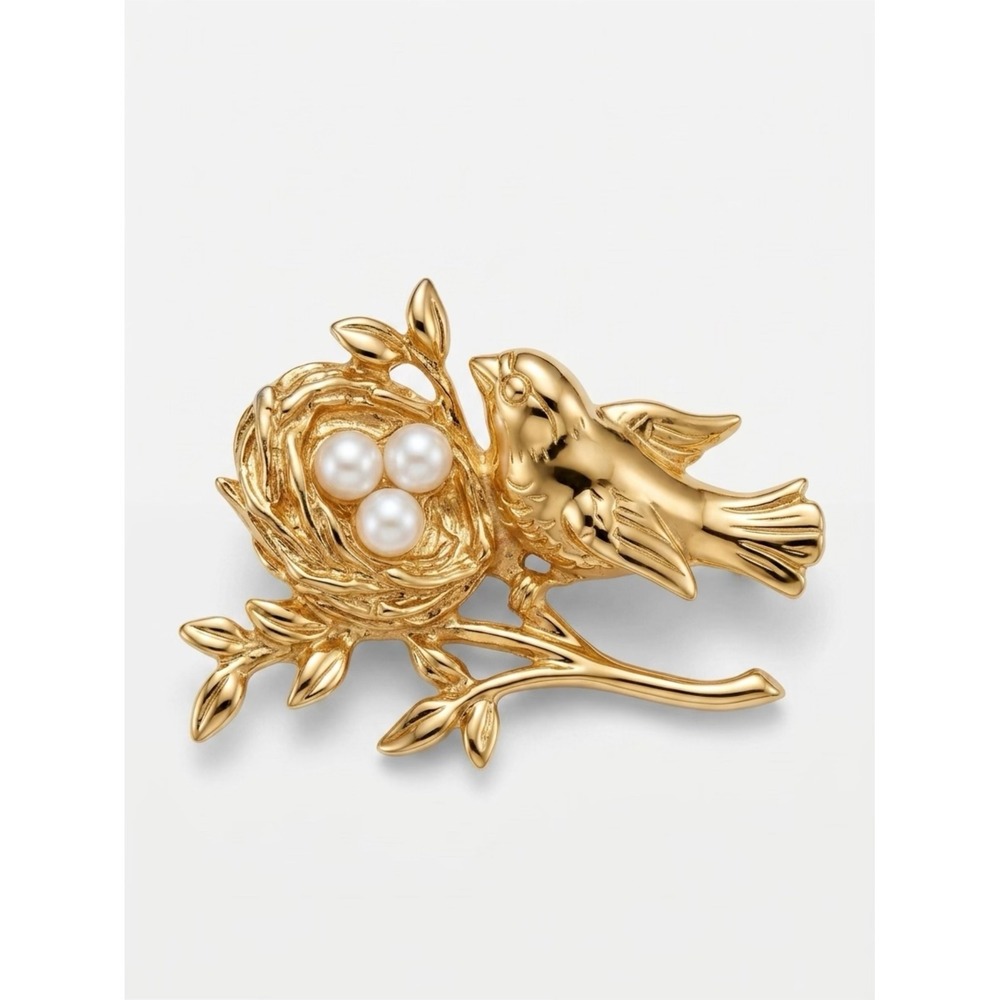 Vintage Gold Bird Nest Pearl Pin Brooch Retro Y2K Cottagecore Whimsigoth Rare